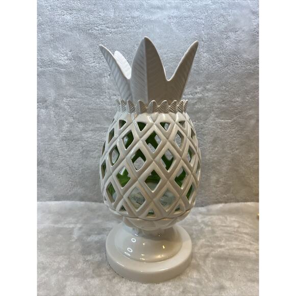 Retired Bath Body Works 2010 Pineapple 3 Wick Candle Holder Green Inside! EUC! - Picture 1 of 13